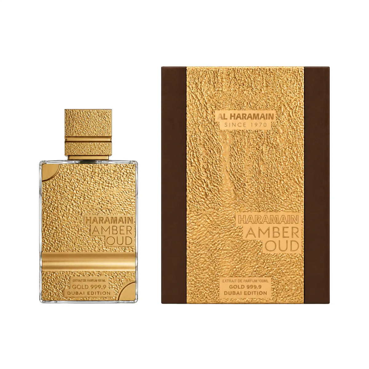 Caja y botella de Amber Oud Gold 999.9 Dubai Edition Al Haramain Eau de Parfum