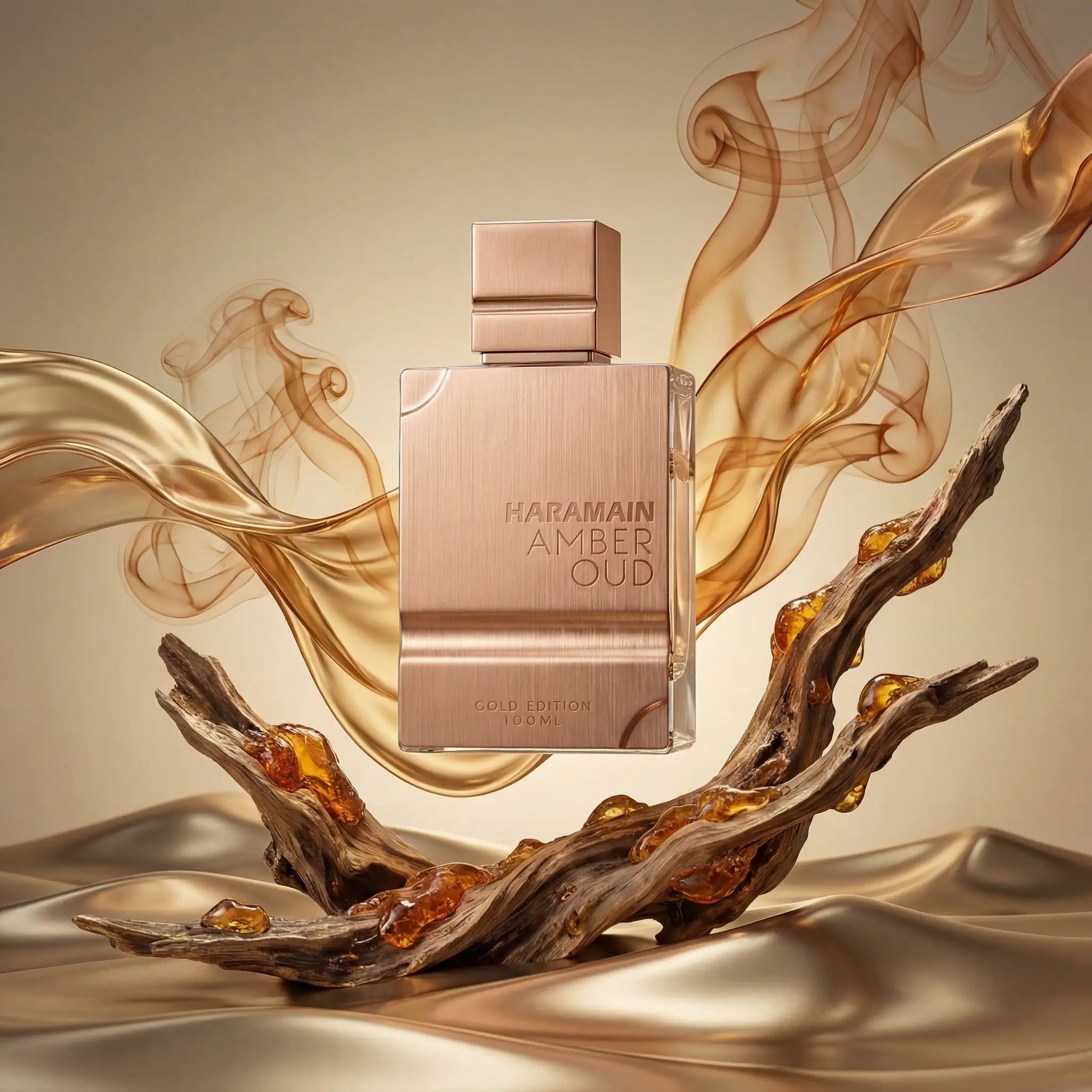 Amber Oud Gold Edition Al Haramain Eau de Parfum Unisex con fondo creativo artístico