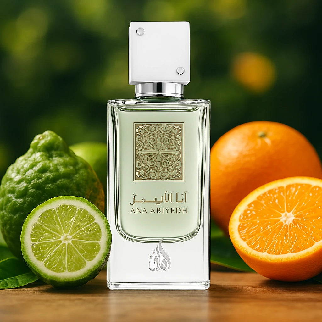 Ana Abiyedh Lattafa Eau de Parfum Unisex con fondo de frutas
