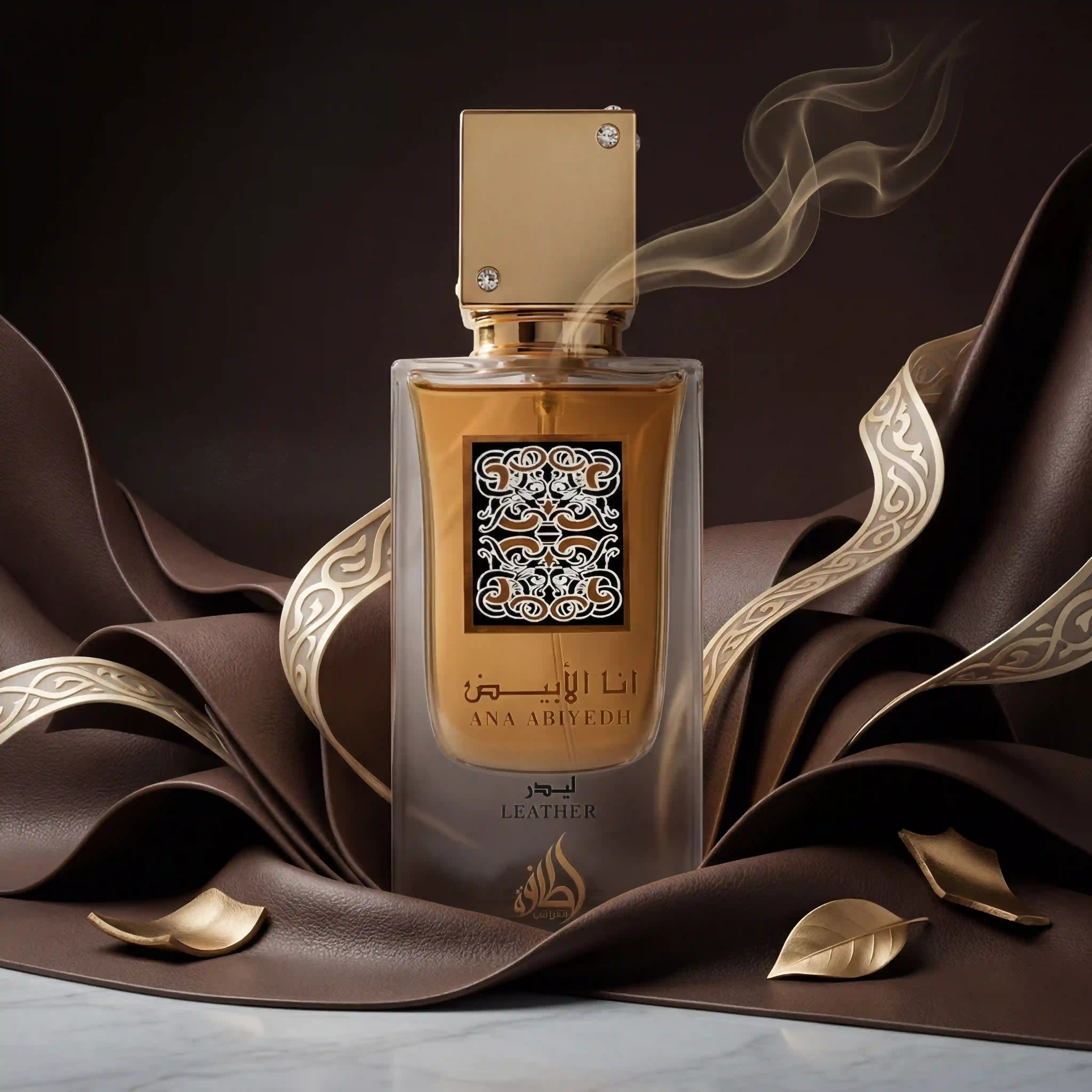 Ana Abiyedh Leather Lattafa Eau de Parfum Para Hombre con fondo creativo  flores blancas