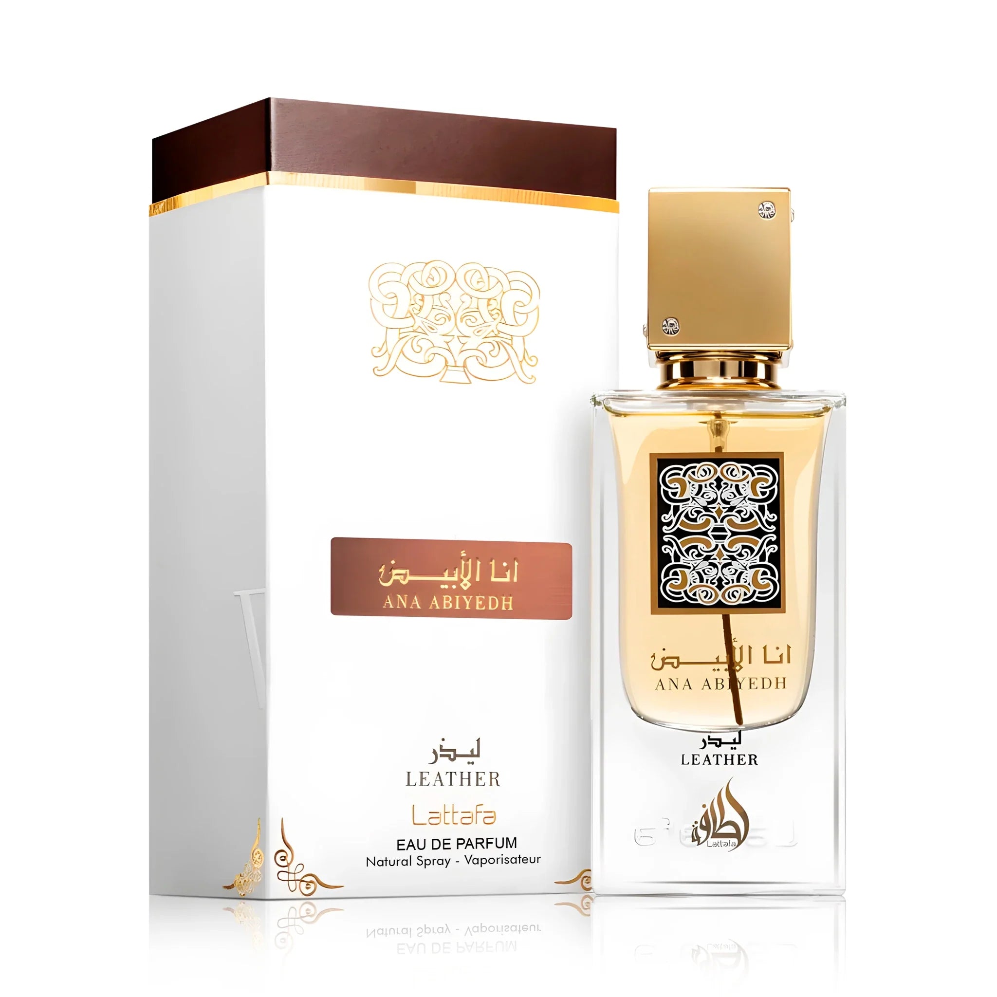 Frasco y caja del Ana Abiyedh Leather Lattafa Eau de Parfum Para Hombre