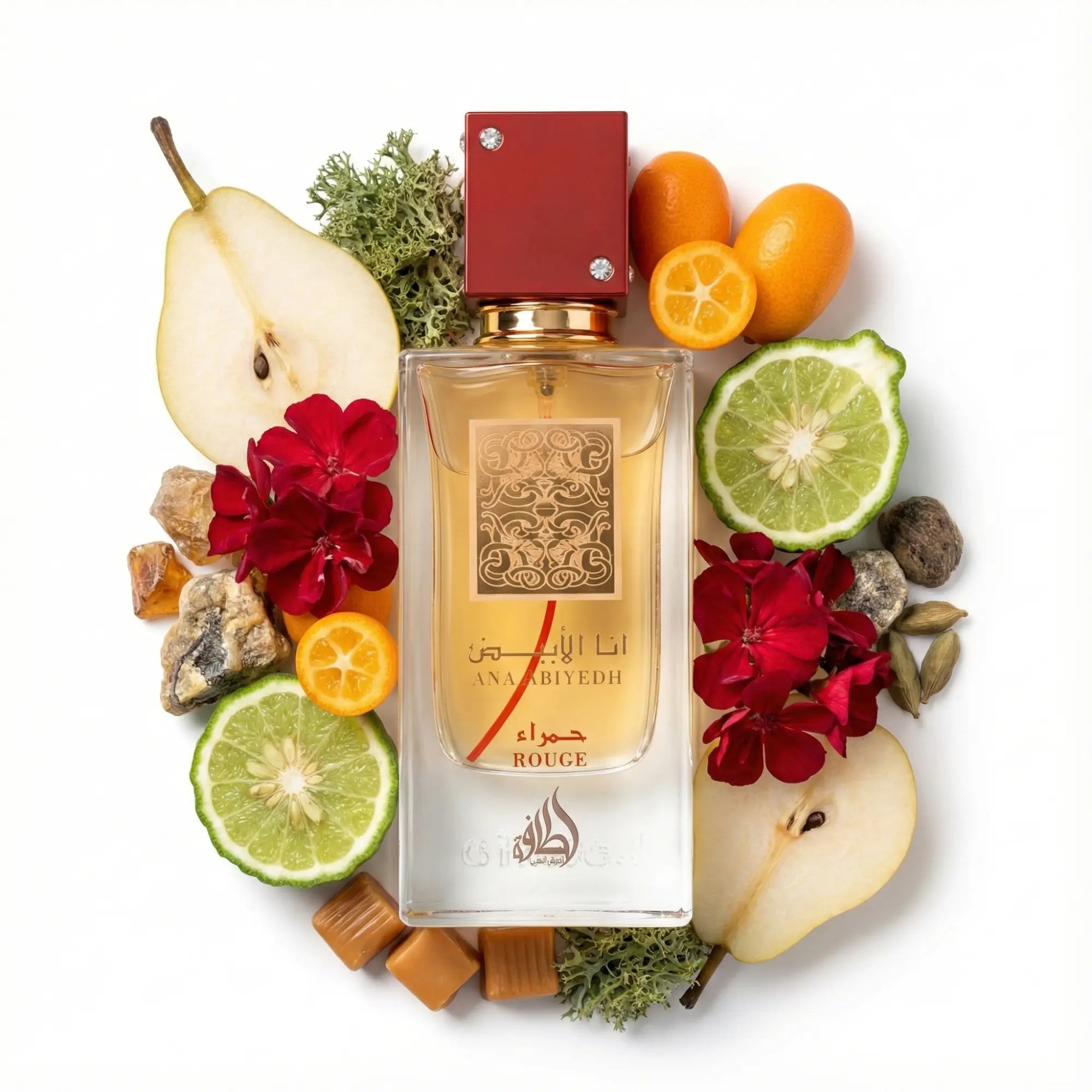 Ana_Abiyedh_Rouge_Lattafa_Eau_de_Parfum_Unisex_Fondo_BLanco_Caramelo_Geranio