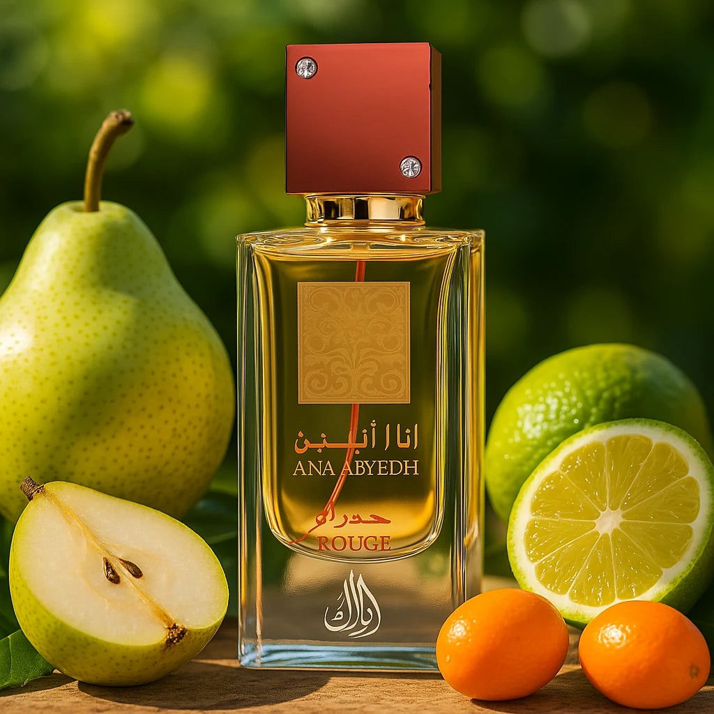 Ana Abiyedh Rouge Lattafa Eau de Parfum Unisex con fondo de frutas