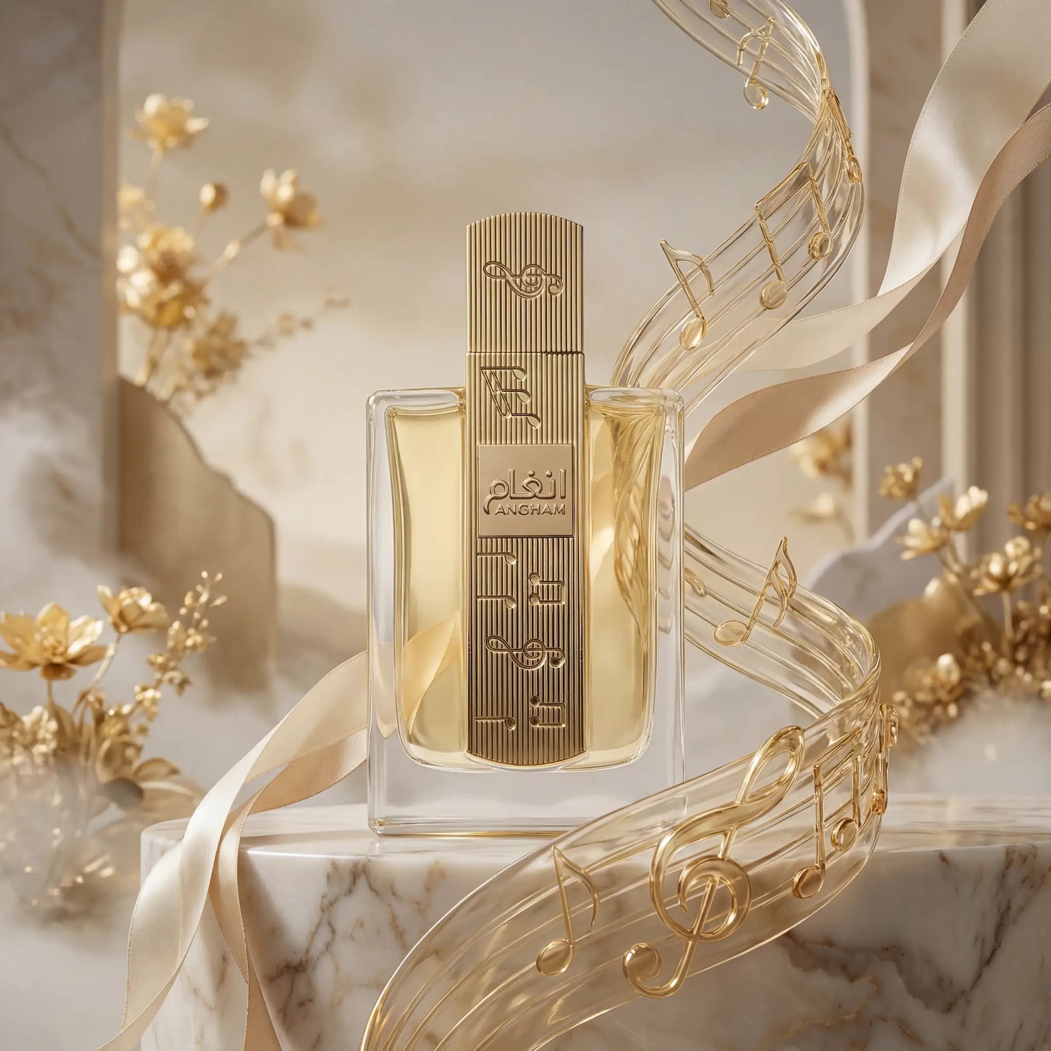 Angham Lattafa Eau de Parfum Unisex con fondo musical dorado