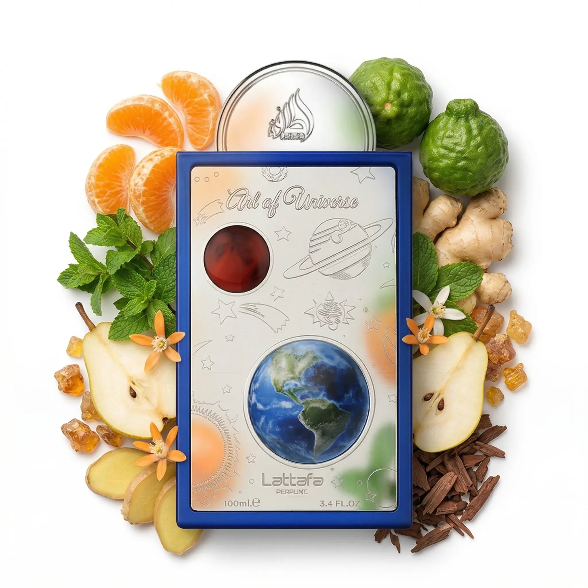 Art Of Universe Lattafa Eau de Parfum Unisex con fondo de ingredientes
