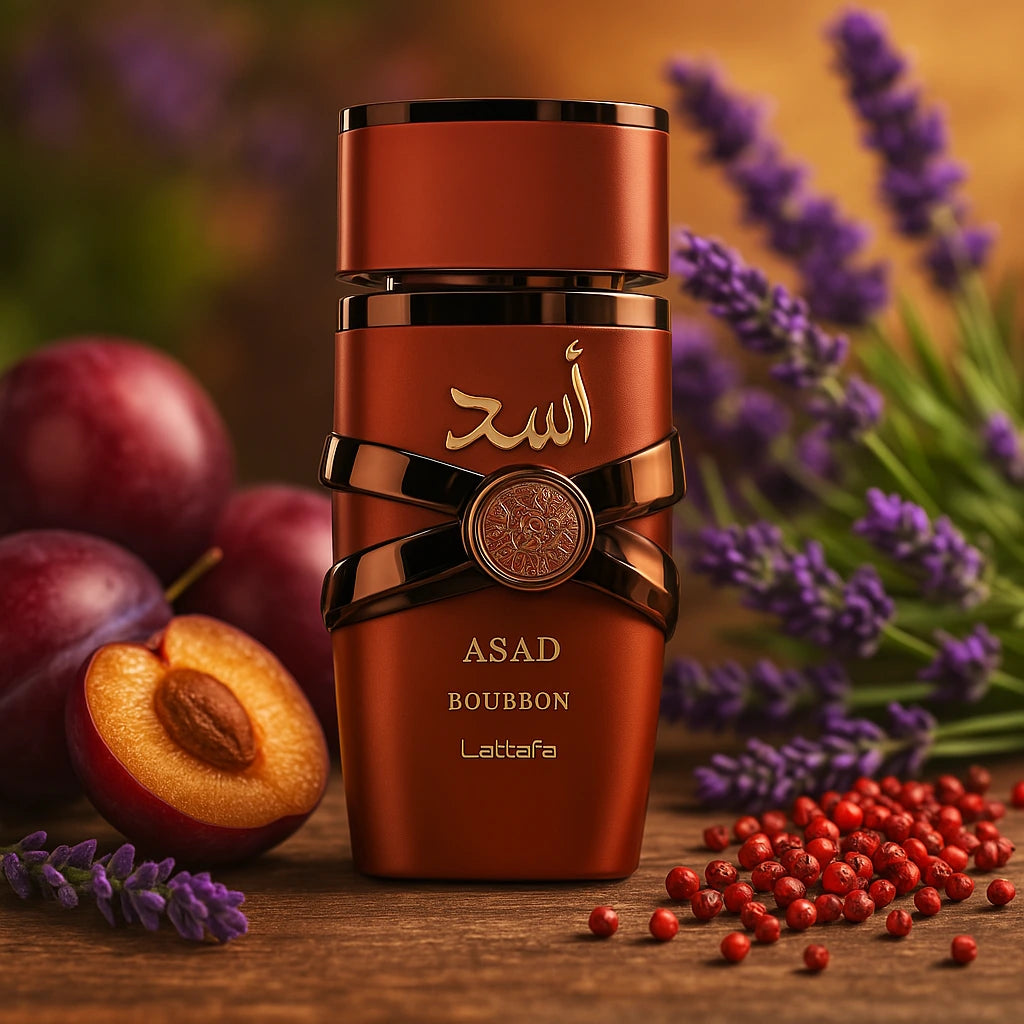 Asad Bourbon Lattafa Eau de Parfum Para Hombre con fondo de fruta y planta