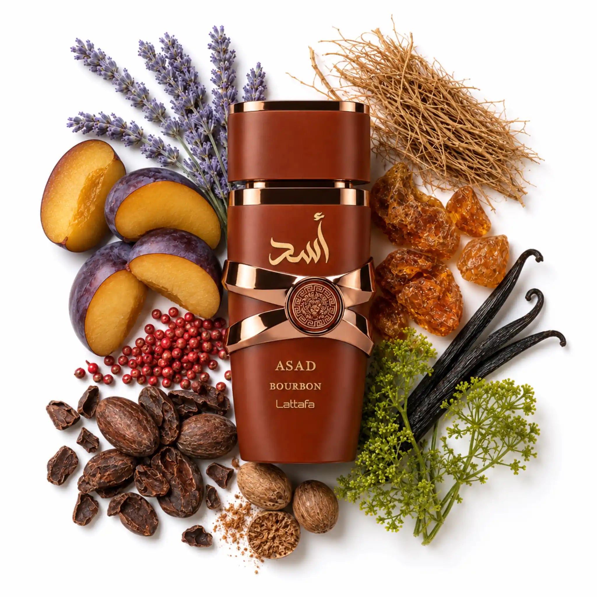 Asad Bourbon Lattafa Eau de Parfum Para Hombre con multiples ingredientes