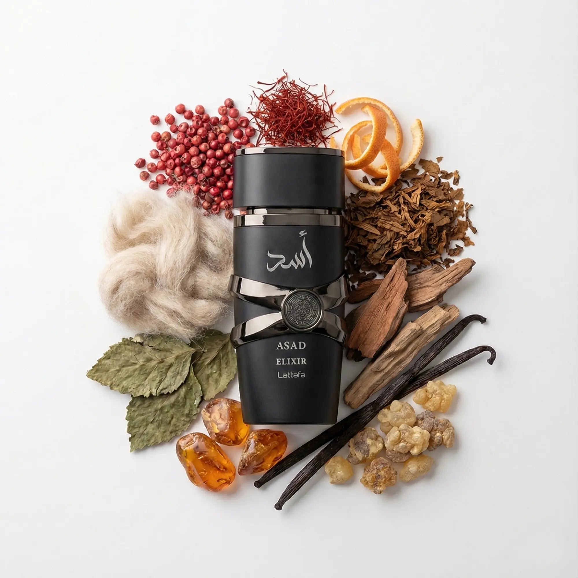 Asad Elixir Lattafa Eau de Parfum Para Hombre con fondo de ingredientes