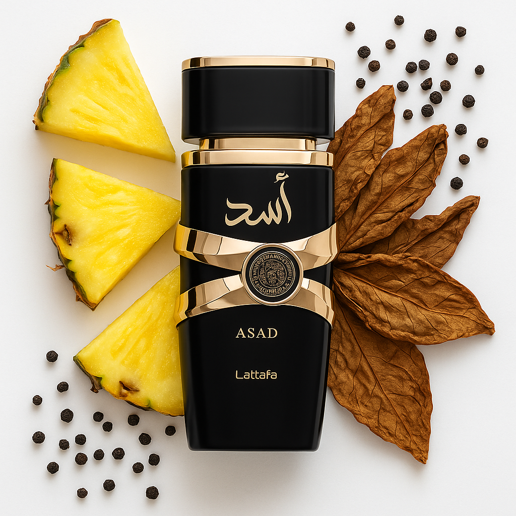 Asad_Lattafa_Eau_de_Parfum_Para_Hombre_Con_Fondo_Pimienta_Piña_Tabaco