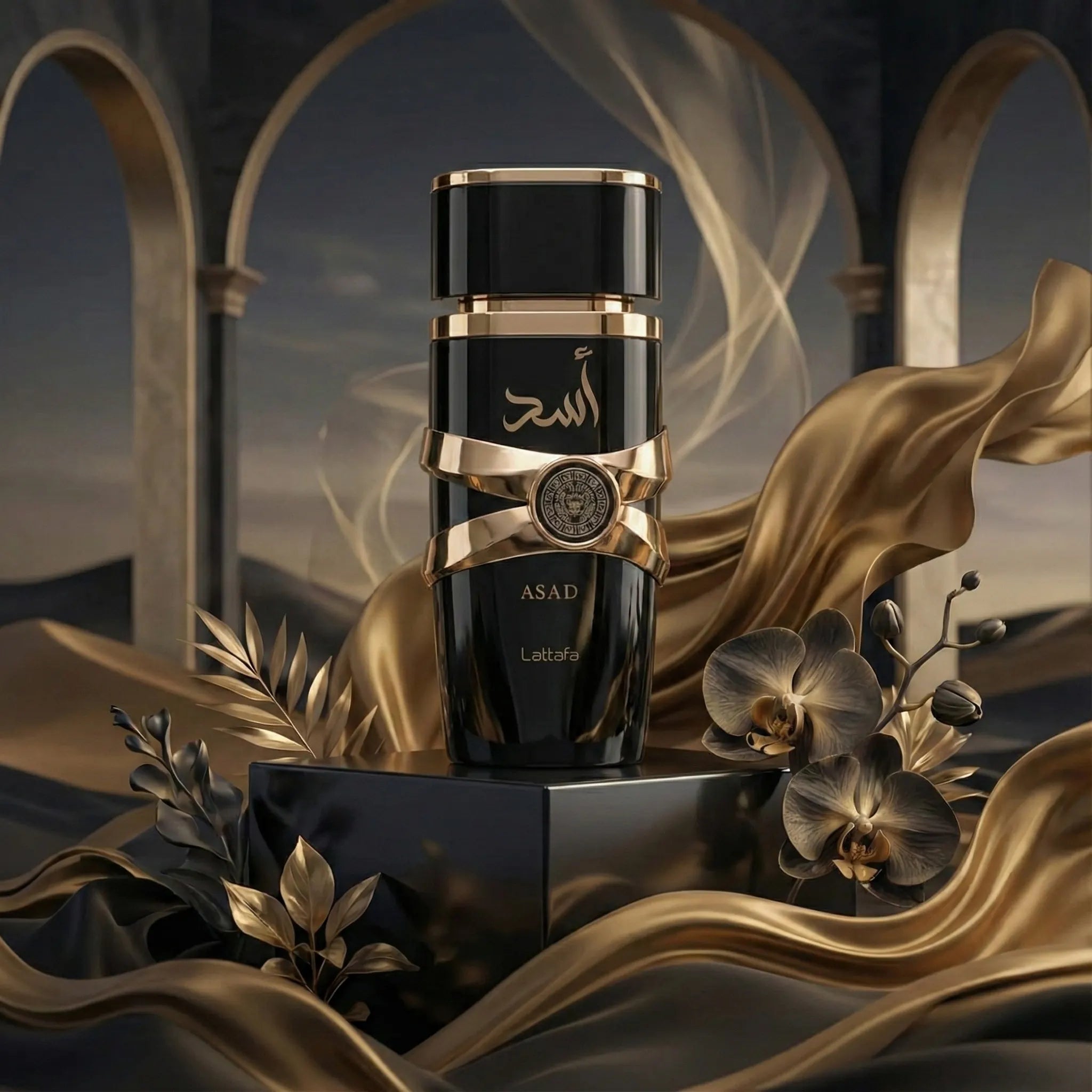 Asad Lattafa Eau de Parfum Para Hombre con fondo dorado
