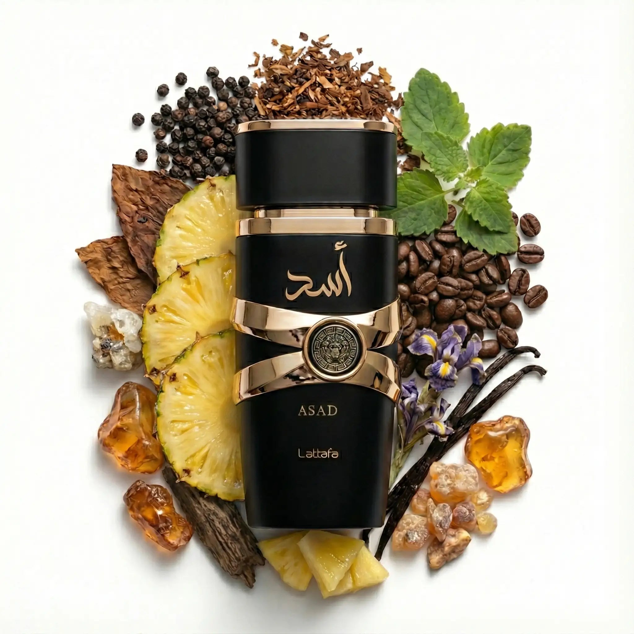 Asad Lattafa Eau de Parfum Para Hombre con fondo de ingredientes