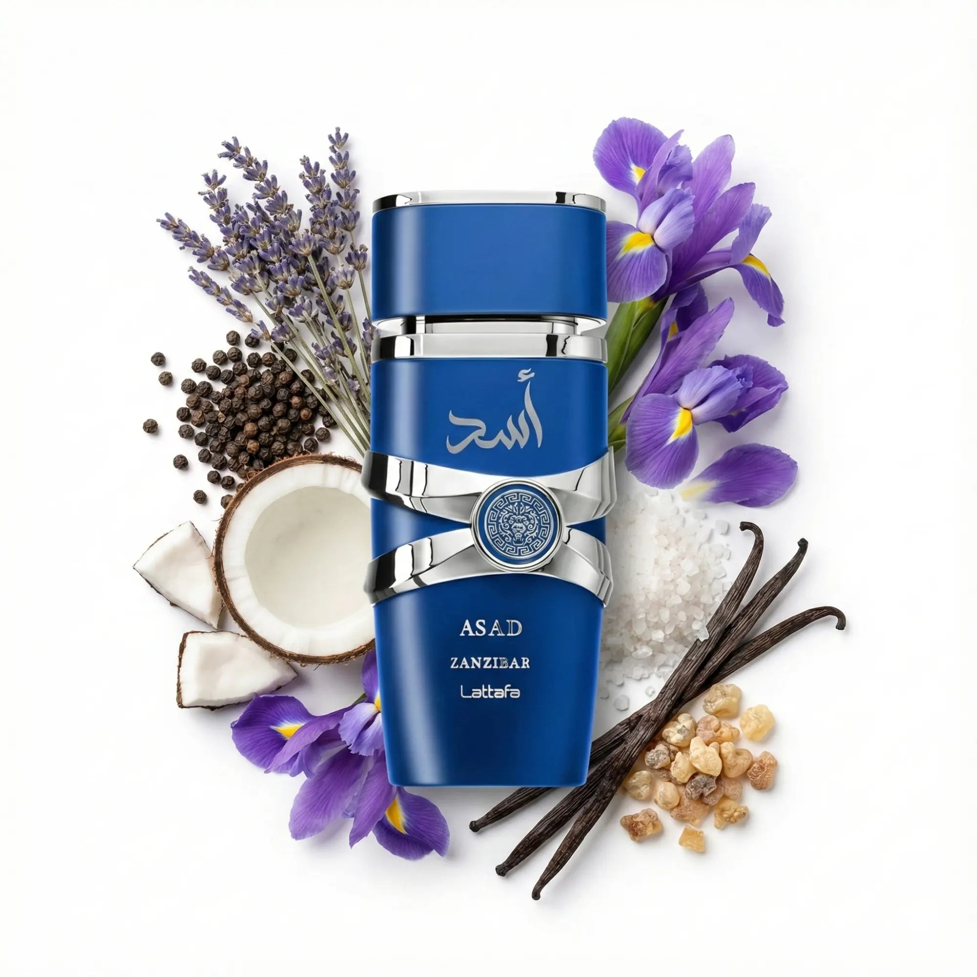 Asad_Zanzibar_Lattafa_Eau_de_Parfum_Para_Hombre_con_fondo_de_ingredientes_coco_iris_pimienta