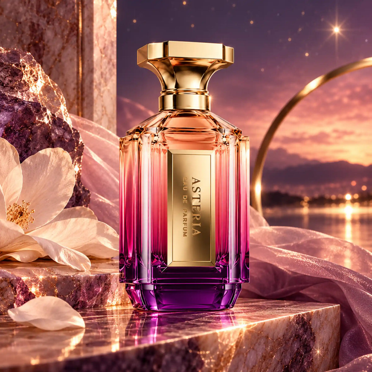 Asteria Velixir Eau de Parfum con fondo violeta creativo