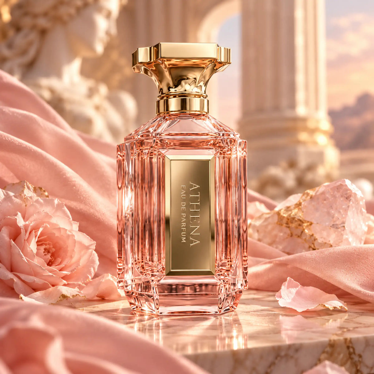 Athena Velixir Eau de Parfum con fondo creativo rosa