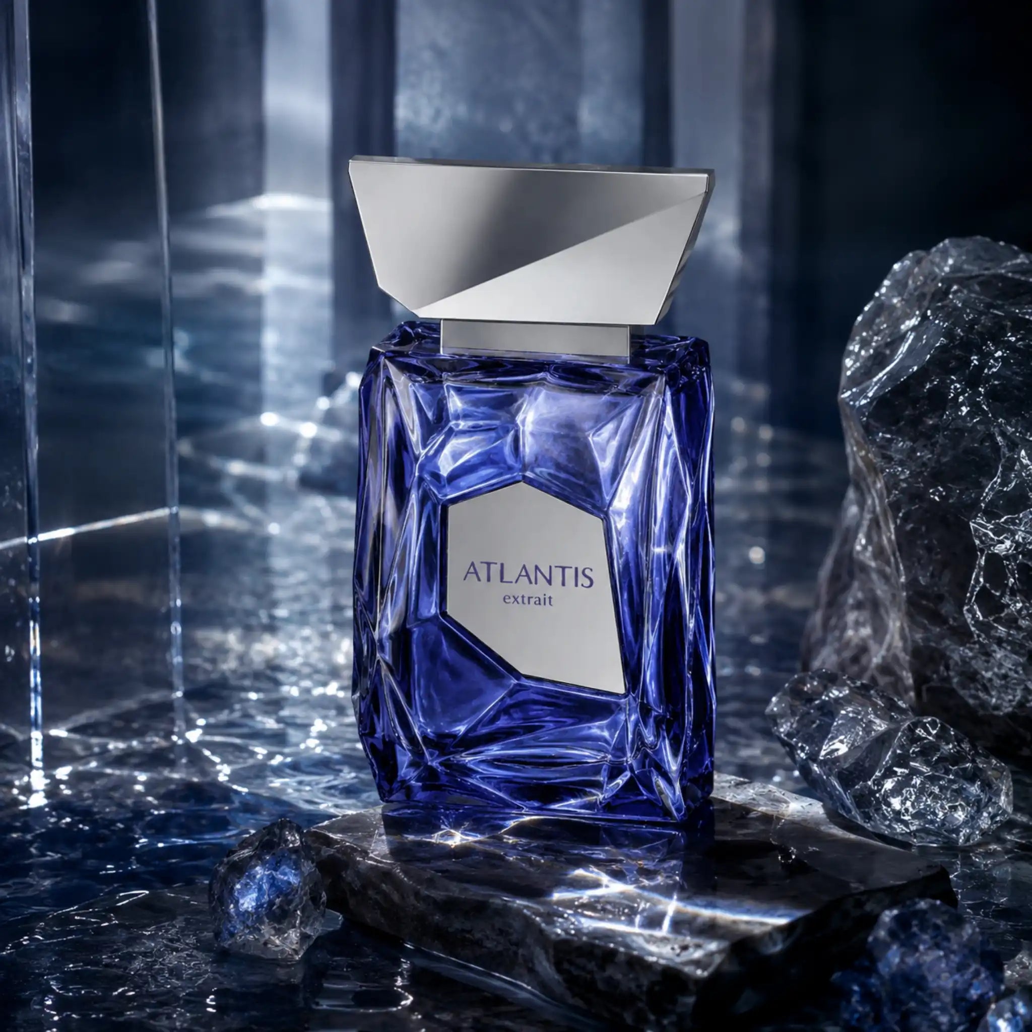 Atlantis Extrait French Avenue Extrait de Parfum con fondo azul 