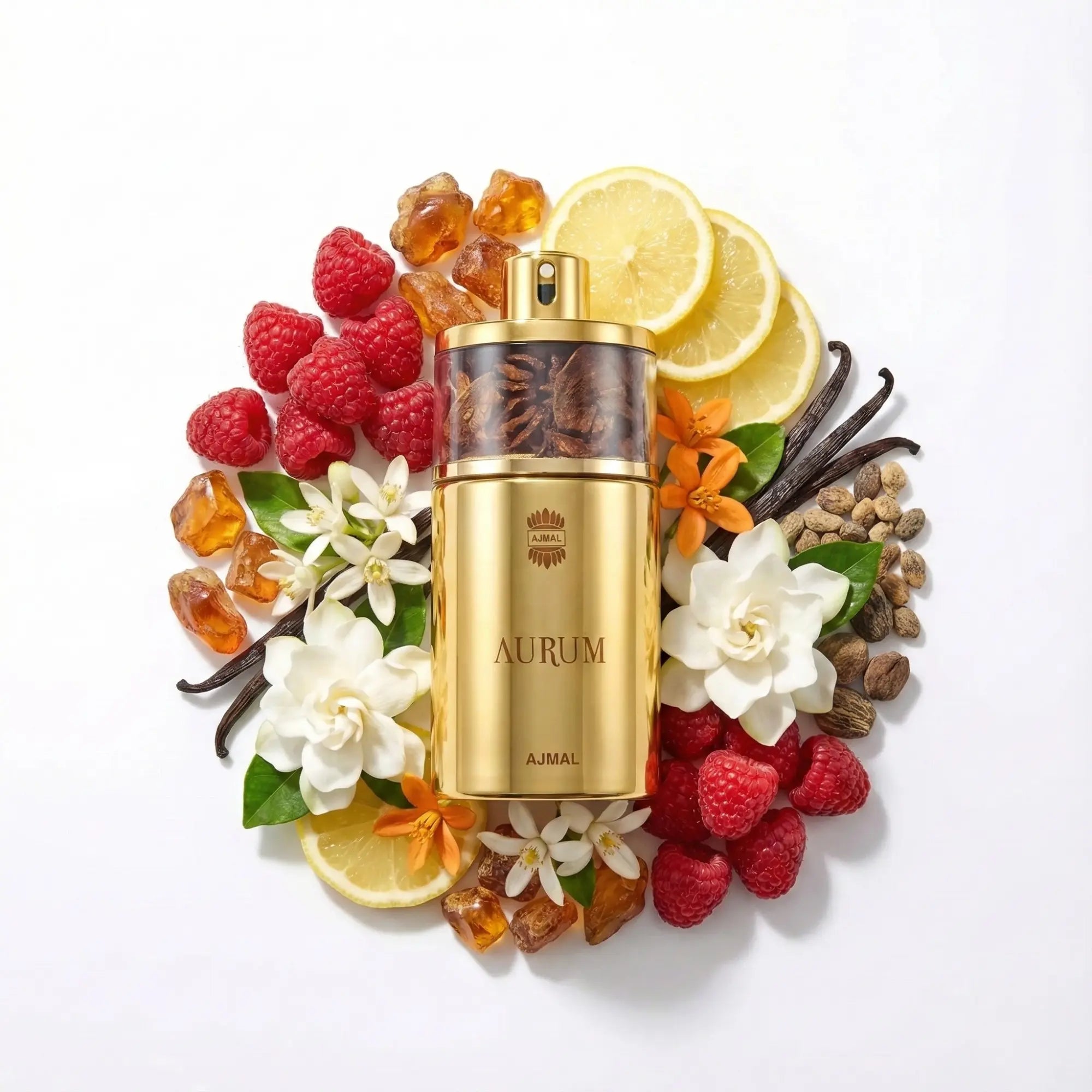 Aurum_Ajmal_Eau_de_Parfum_Para_Mujer_Fondo_Blanco_Gardenia_Limon