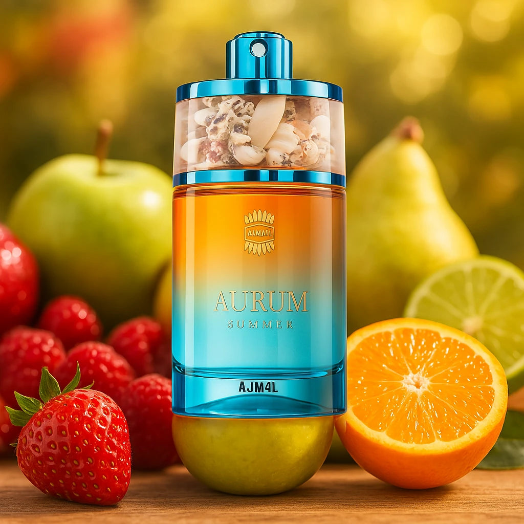 Aurum Summer Ajmal Eau de Parfum Para Mujer con fondo de frutas