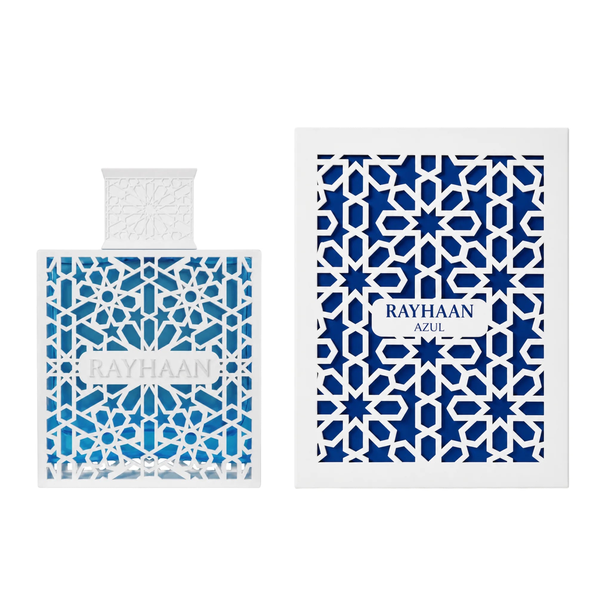 Caja y perfume de Azul Rayhaan Eau de Parfum