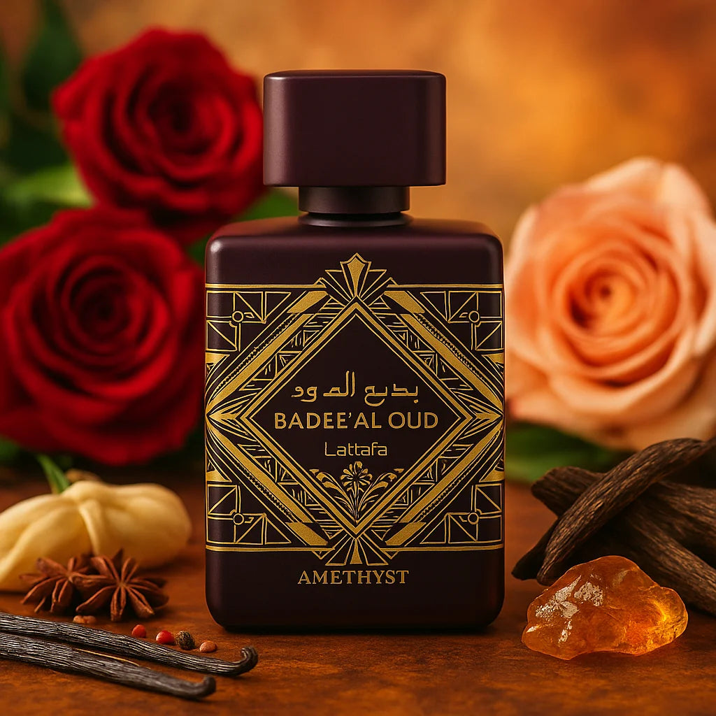 Bade'e Al Oud Amethyst Lattafa Eau de Parfum Unisex con fondo de flores