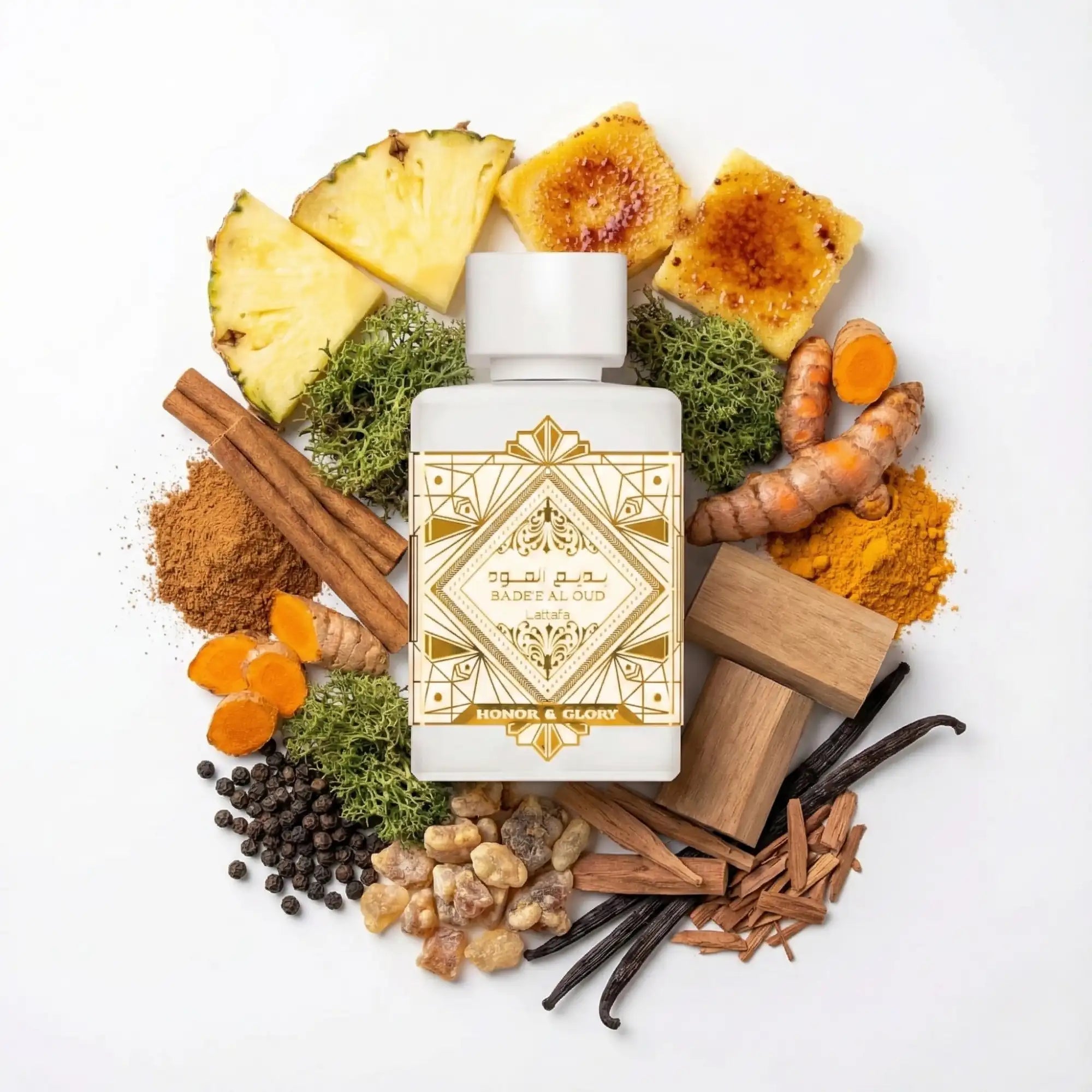 Bade_e_Al_Oud_Honor_Glory_Lattafa_Eau_de_Parfum_Unisex_Fondo_Blanco_piña_Creme_Brulee