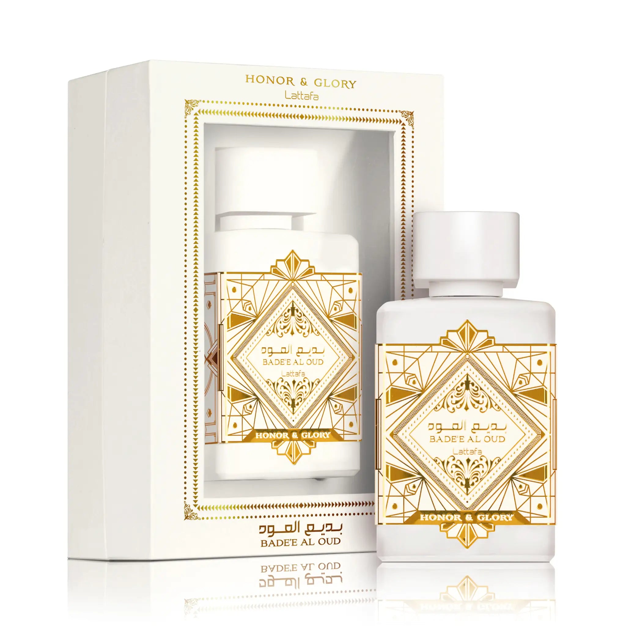 Frasco y caja del Bade'e Al Oud Honor & Glory Lattafa Eau de Parfum Unisex