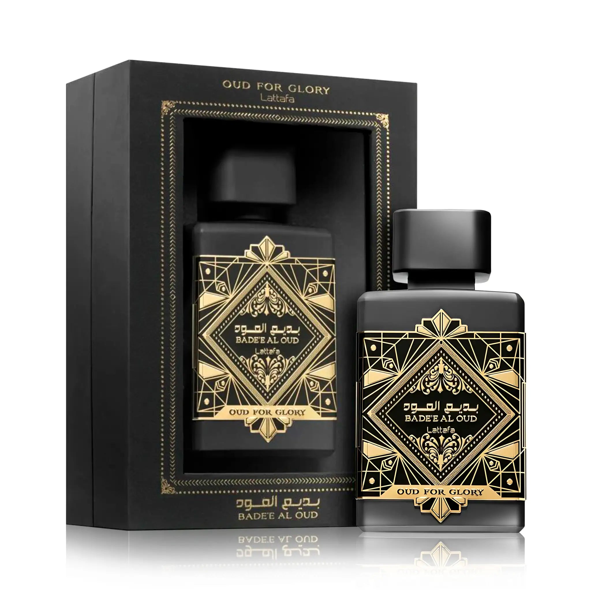 Frasco y caja del Bade'e Al Oud Oud for Glory Lattafa Eau de Parfum Unisex