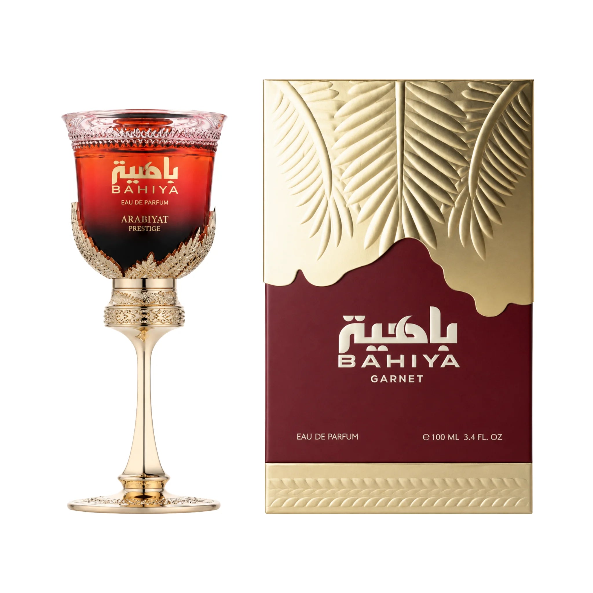 Caja y botella de Bahiya Garnet Arabiyat Prestige Eau de Parfum