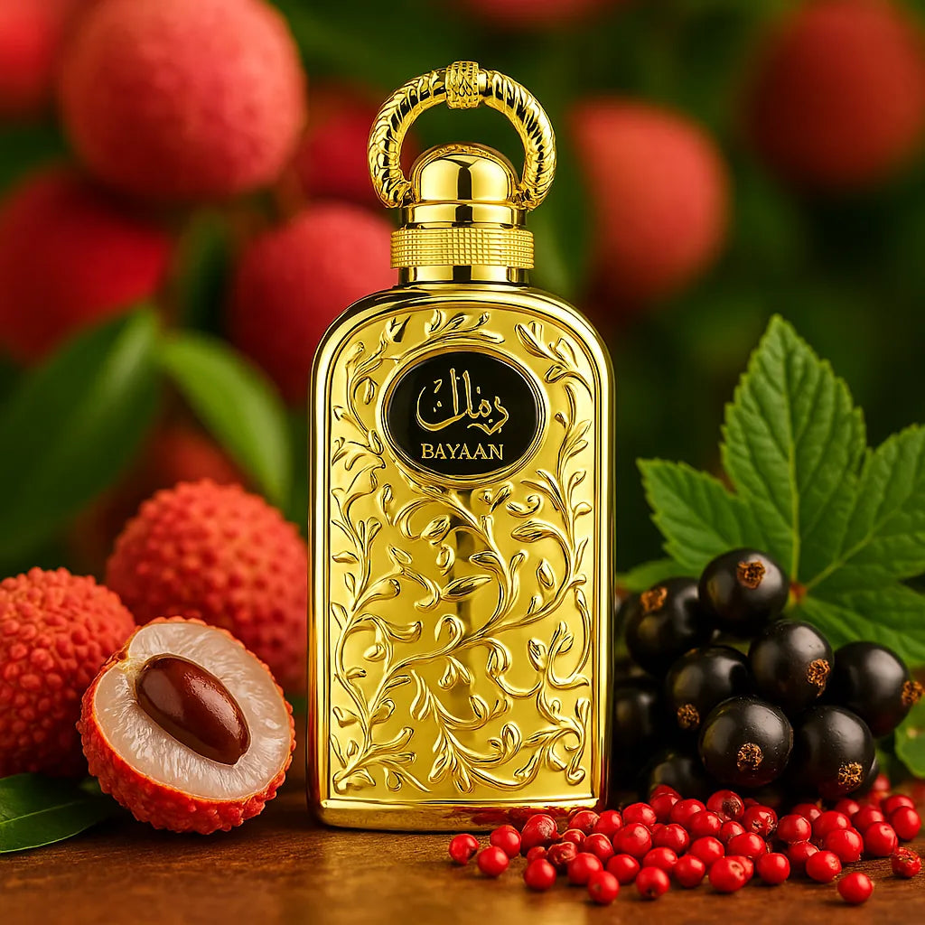Bayaan Lattafa Eau de Parfum Unisex con fondo de frutas