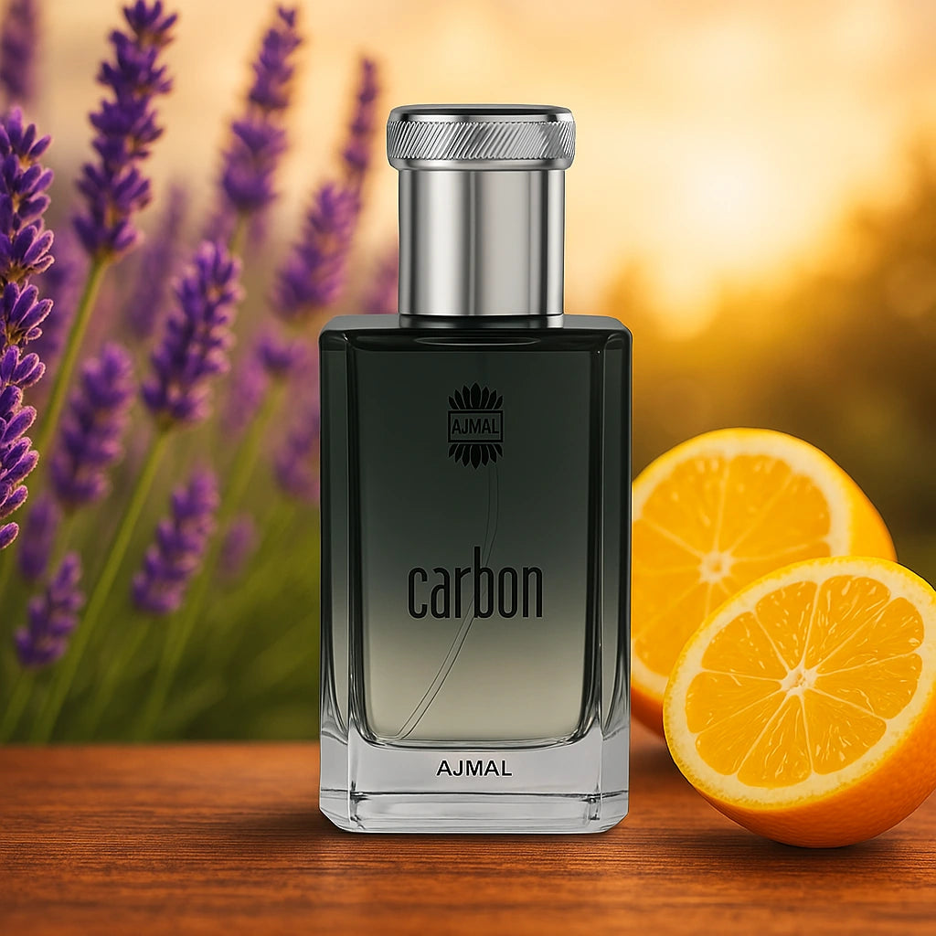 Carbon Ajmal Eau de Parfum Para Hombre con fondo de naranja