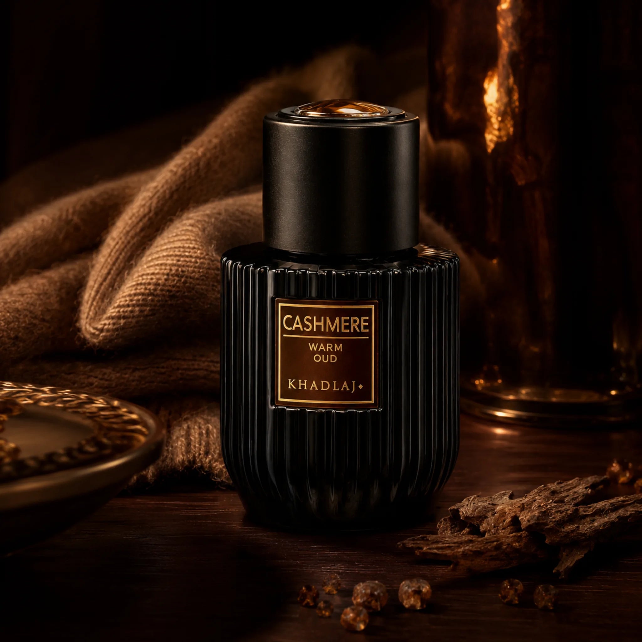 Cashmere Warm Oud Khadlaj Eau de Parfum con fondo de maderas y dorado