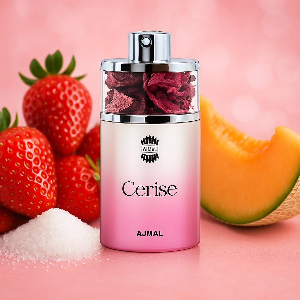 Cerise Ajmal Eau de Parfum Para Mujer con fondo de frutas