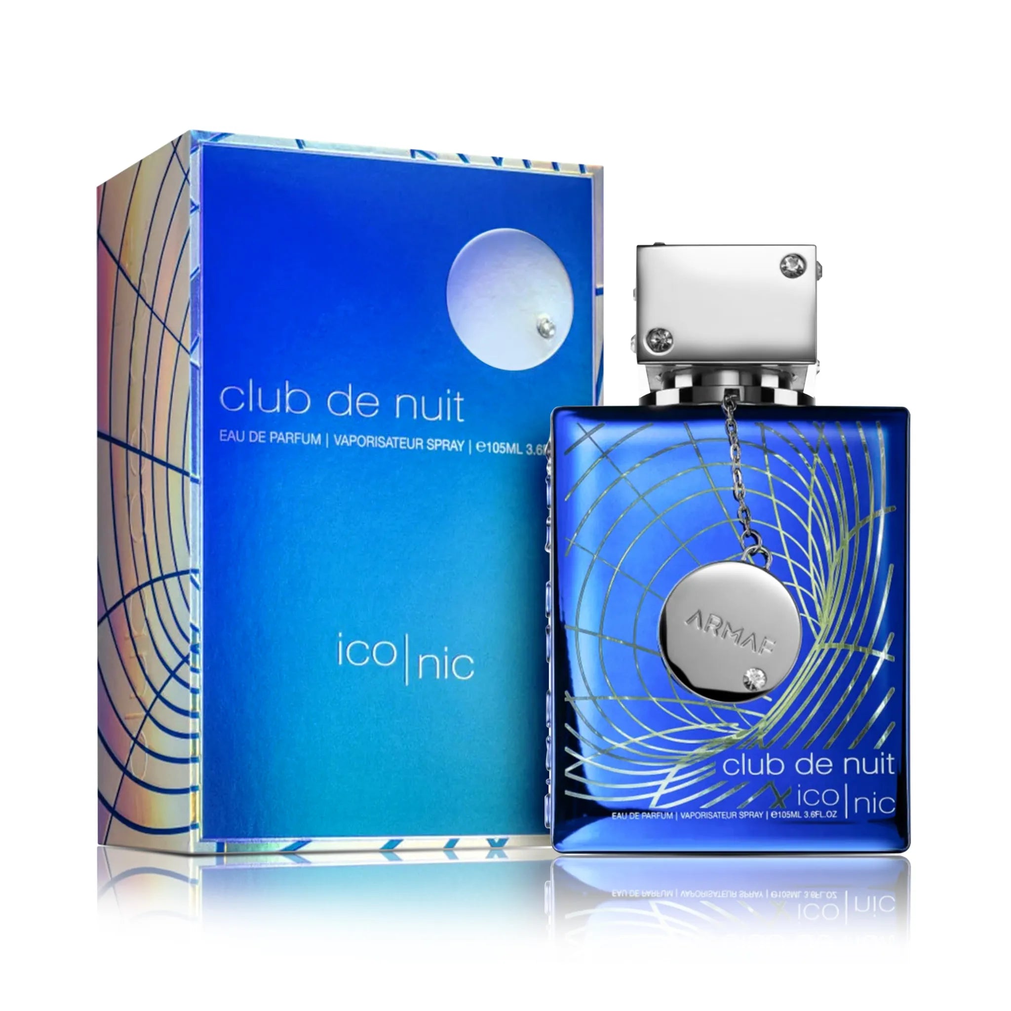 Foto frontal del Club de Nuit Blue Iconic Armaf Eau de Parfum Para Hombre fondo blanco con su caja