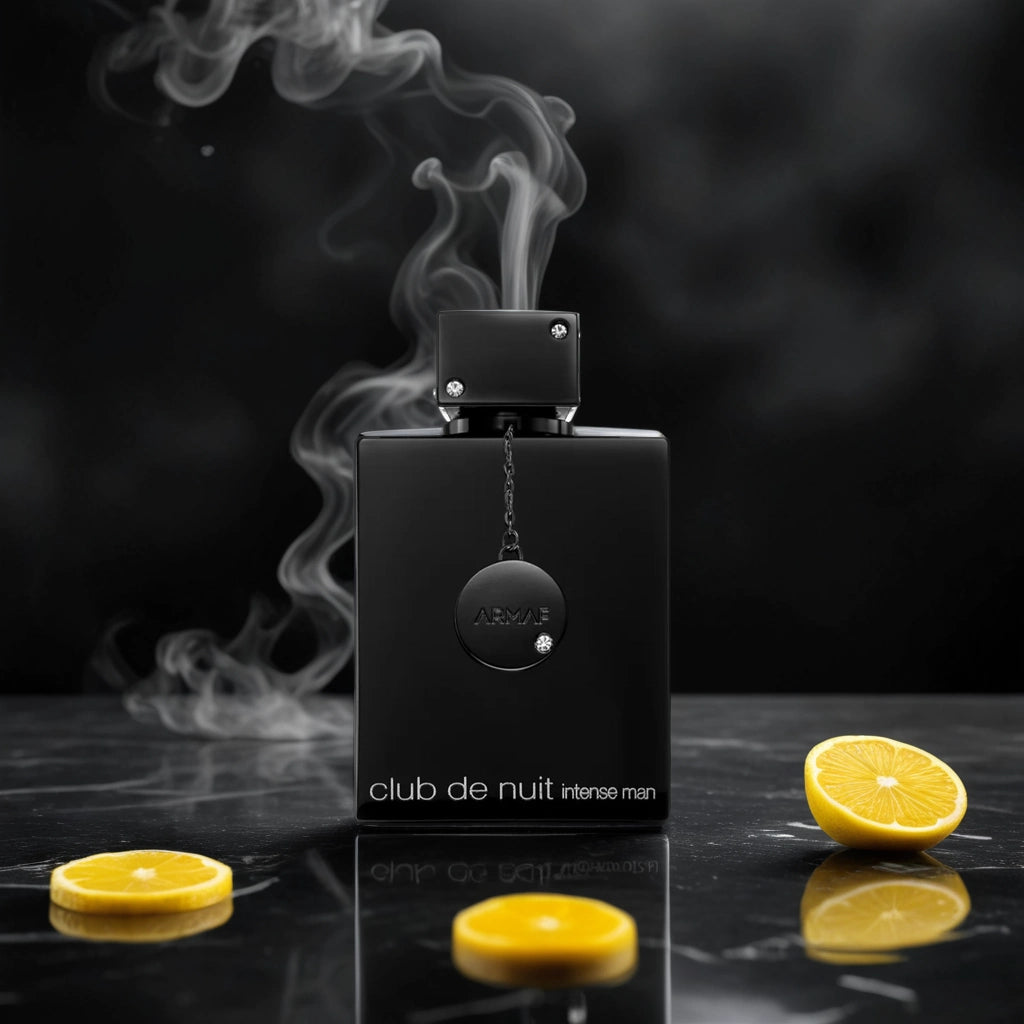Club de Nuit Intense Man Armaf Eau de Toilette Para Hombre con fondo con naranja y humo