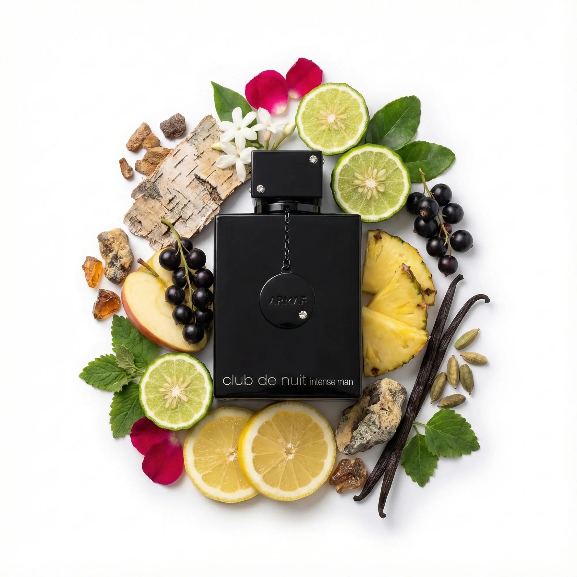 Club de Nuit Intense Man Armaf Eau de Toilette Para Hombre con fondo de ingredientes