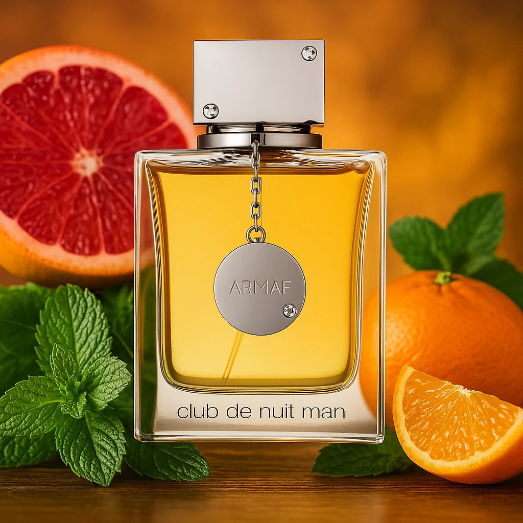 Club de Nuit Man Armaf Eau de Toilette Para Hombre con fondo de frutas