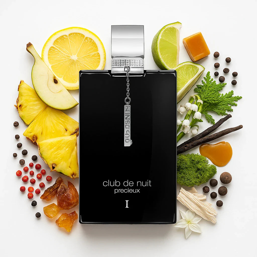 Club de Nuit Precieux Armaf Extrait de Parfum Para Hombre con fondo de ingredientes