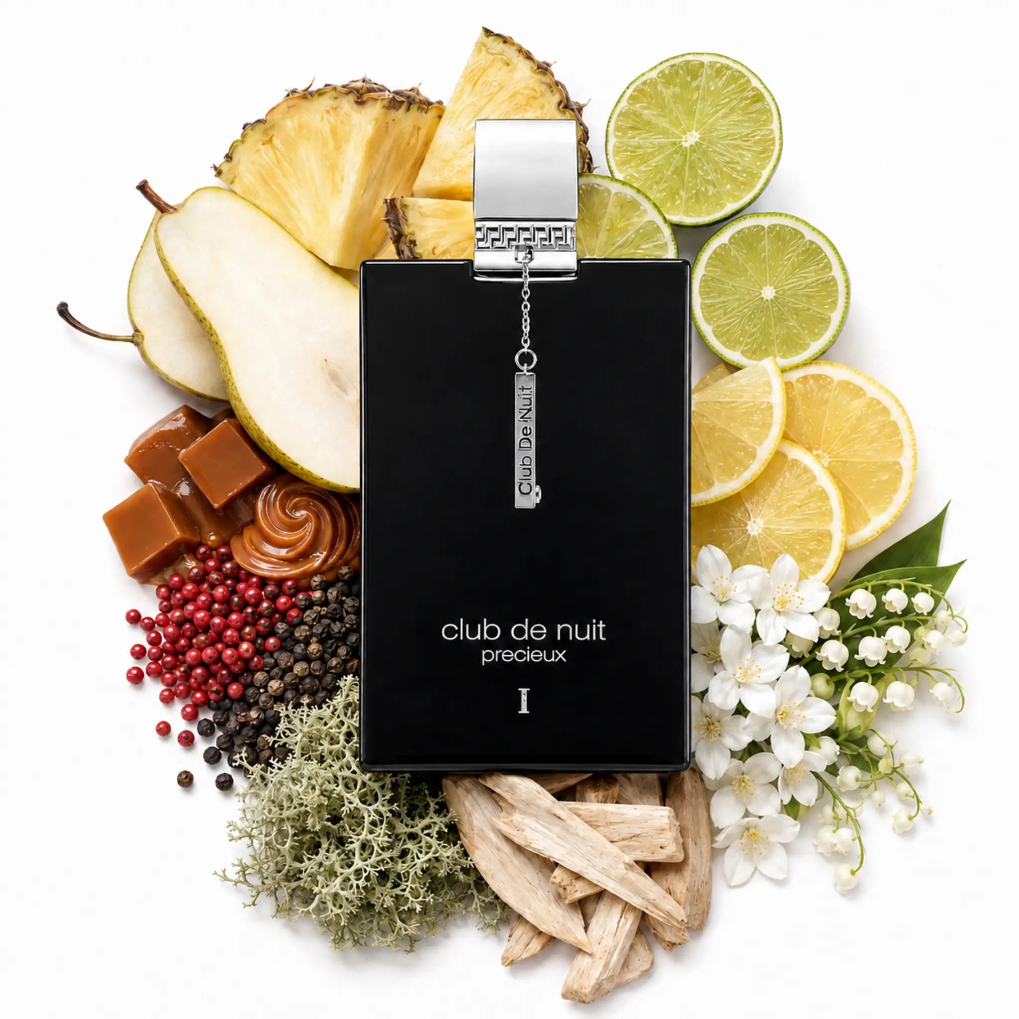 Club de Nuit Precieux Armaf Extrait de Parfum Para Hombre con fondo de ingredientes