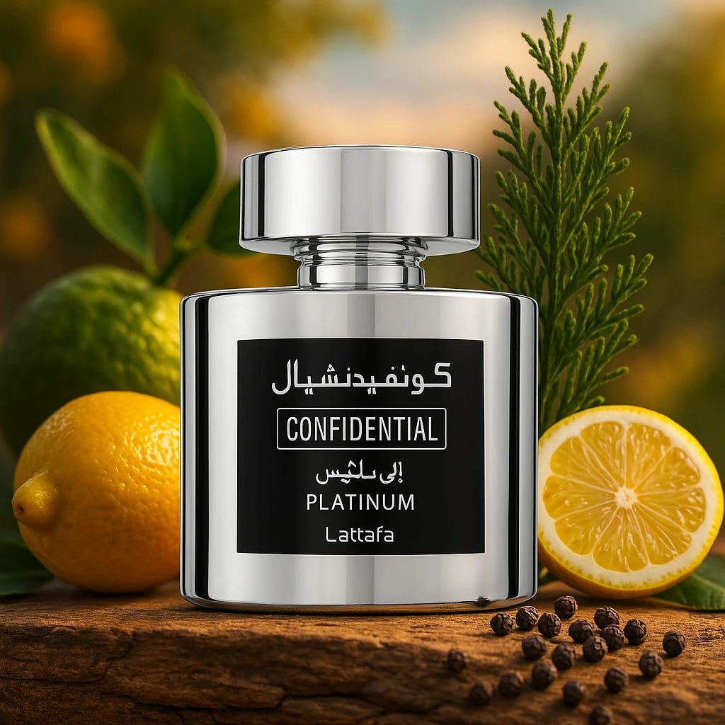 Confidential Platinum Lattafa Eau de Parfum Para Hombre con fondo de limón