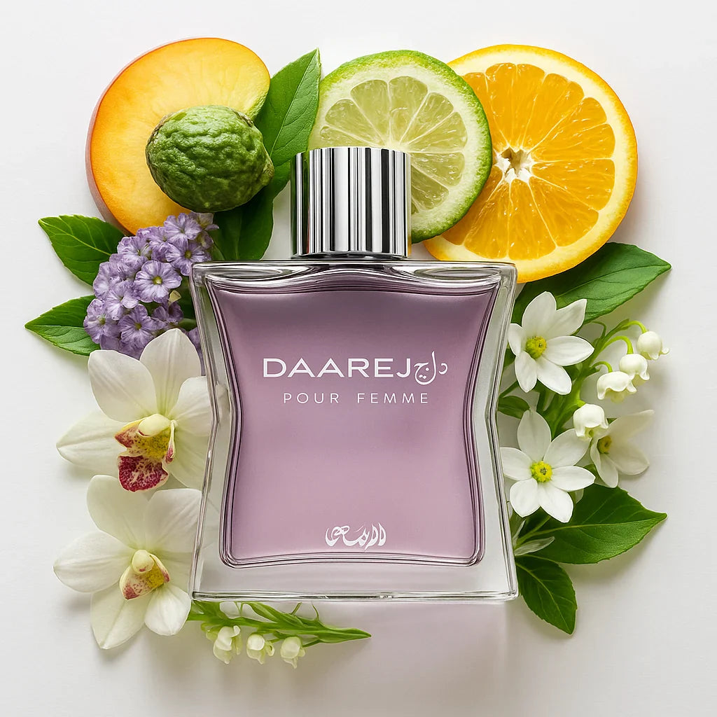 Daarej_Pour_Femme_Rasasi_Eau_de_Parfum_Para_Mujer_Fondo_Blanco_Nardo_Naranja