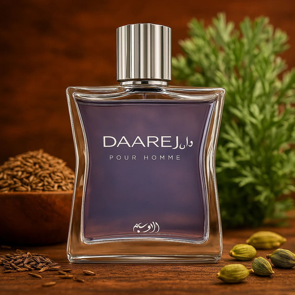 Daarej Pour Homme Rasasi Eau de Parfum Para Hombre con fondo de cardamomo