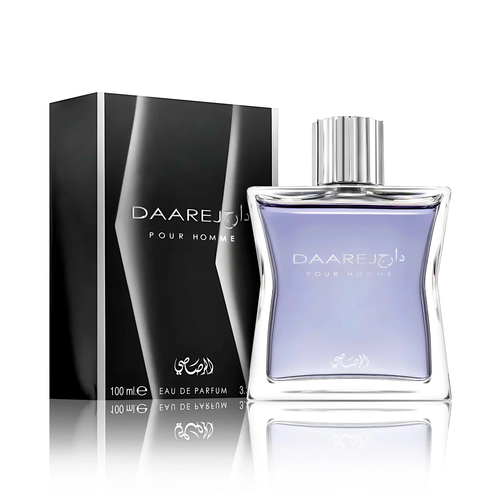Frontal del Daarej Pour Homme Rasasi Eau de Parfum Para Hombre con su caja