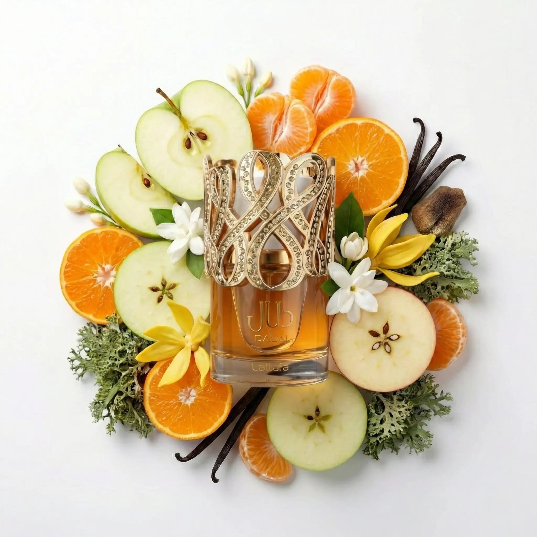 Dalal Lattafa Eau de Parfum Para Mujer con fondo de ingredientes