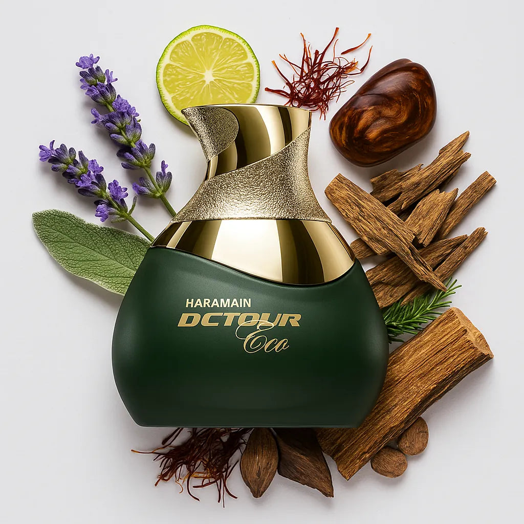 Detour Eco Al Haramain Eau de Parfum Unisex con fondo de ingredientes