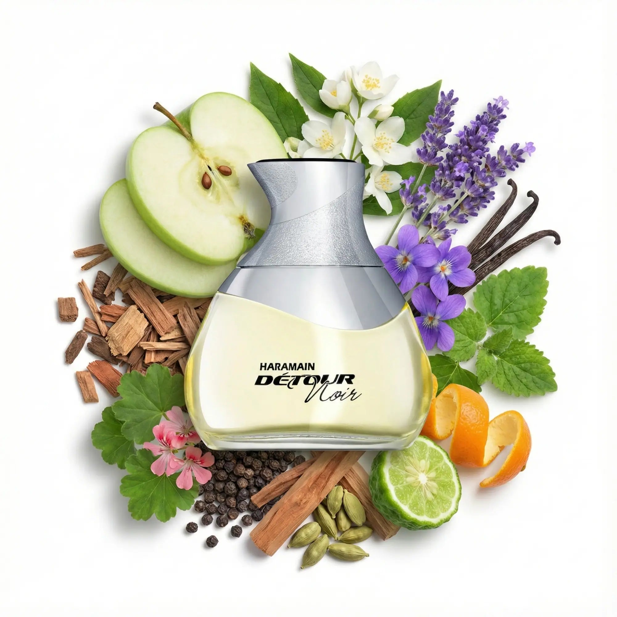 Détour Noir Al Haramain Eau de Parfum Para Hombre con fondo de ingredientes