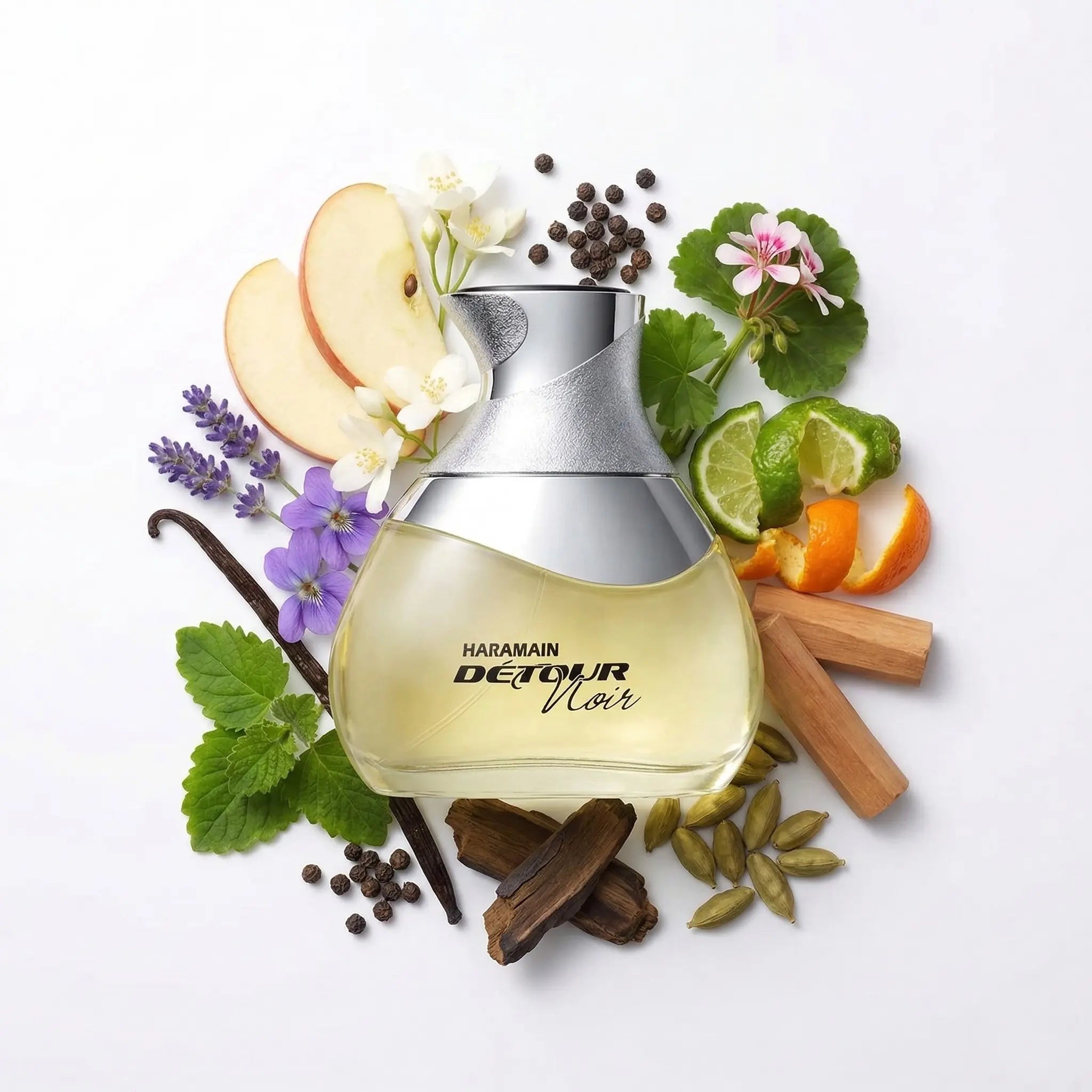 Détour Noir Al Haramain Eau de Parfum Para Hombre con fondo de ingredientes