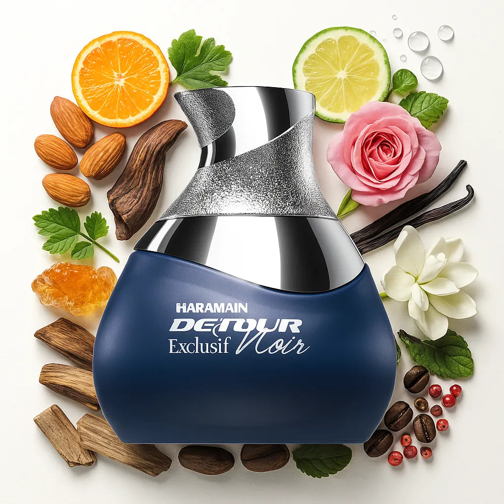 Detour Noir Exclusif Al Haramain Eau de Parfum Unisex con fondo de ingredientes