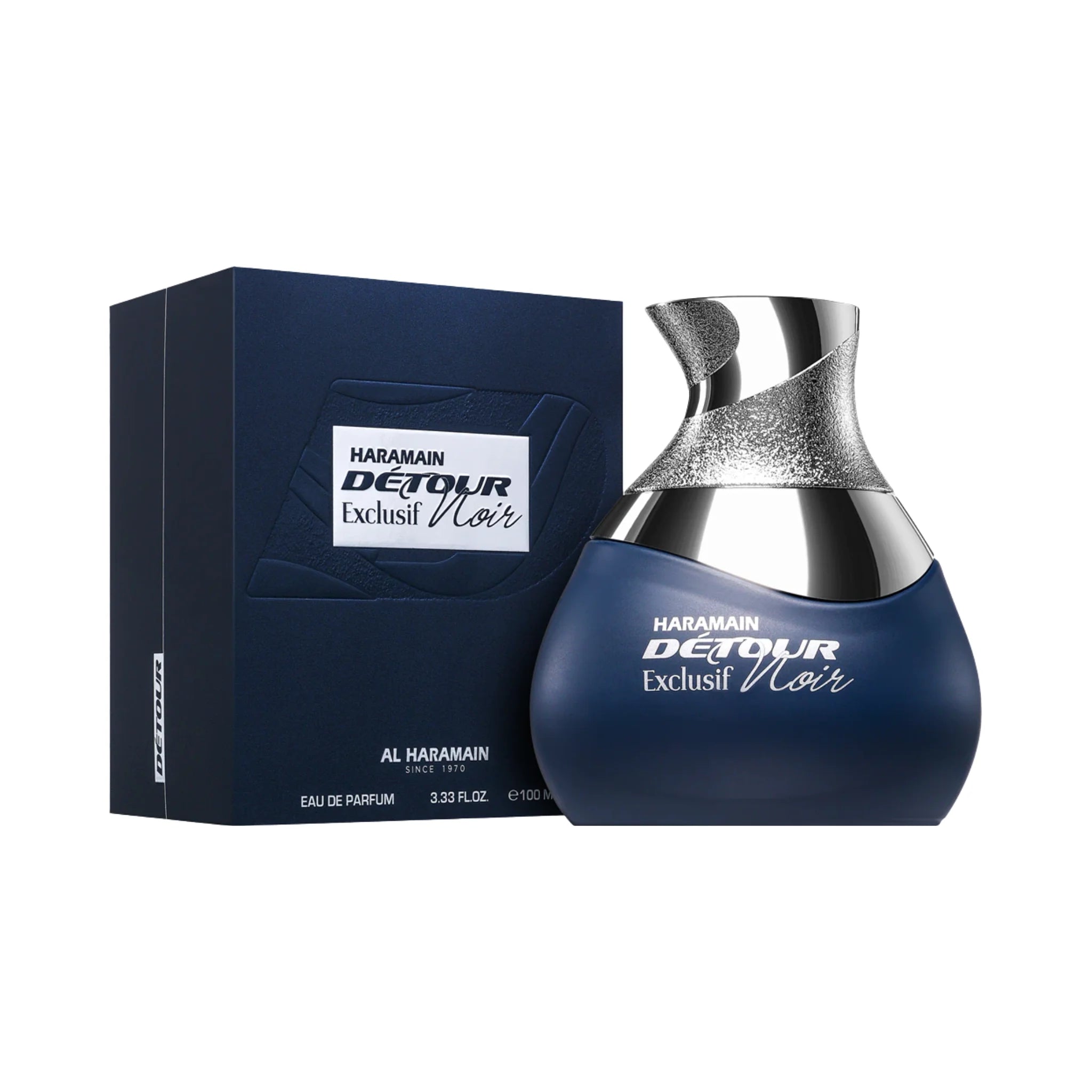 Frasco y caja de Detour Noir Exclusif Al Haramain Eau de Parfum Unisex