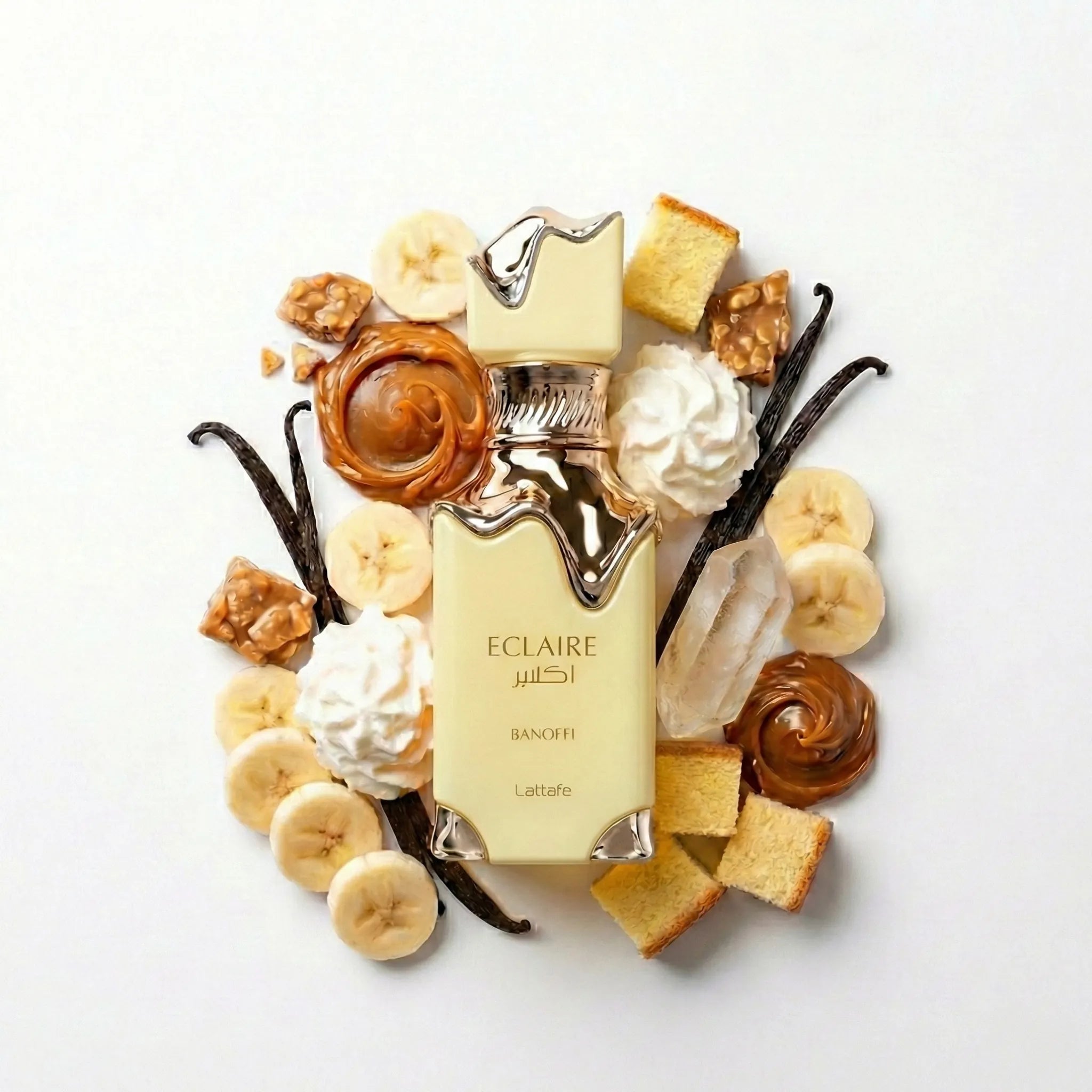 Eclaire Banoffi Eau de Parfum Unisex con fondo de ingredientes