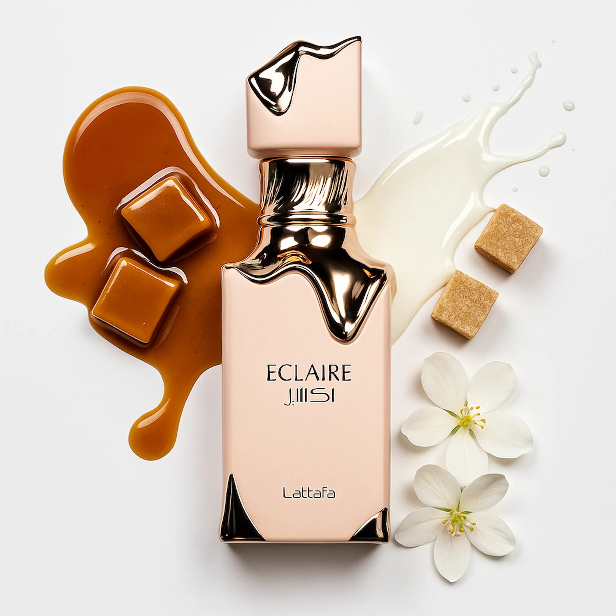 Eclaire_Lattafa_Eau_de_Parfum_Para_Mujer_Fondo_Blanco_Azucar_Leche_Caramelo_Flores
