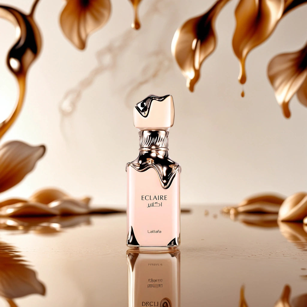 Eclaire Lattafa Eau de Parfum Para Mujer con fondo de caramelo